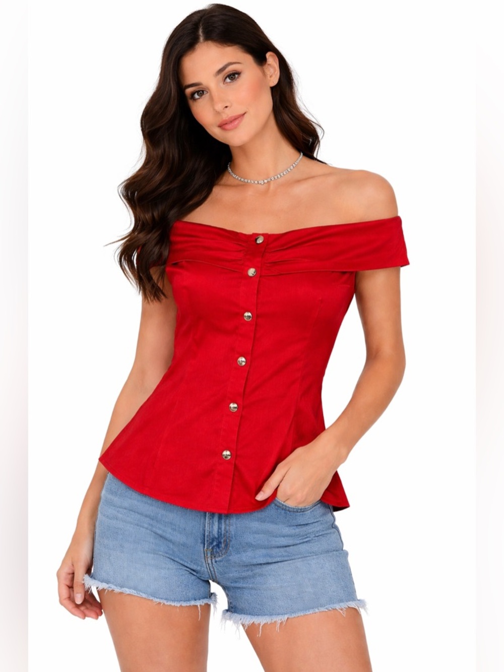 Off-Shoulder Button-Front Red Women's Top
